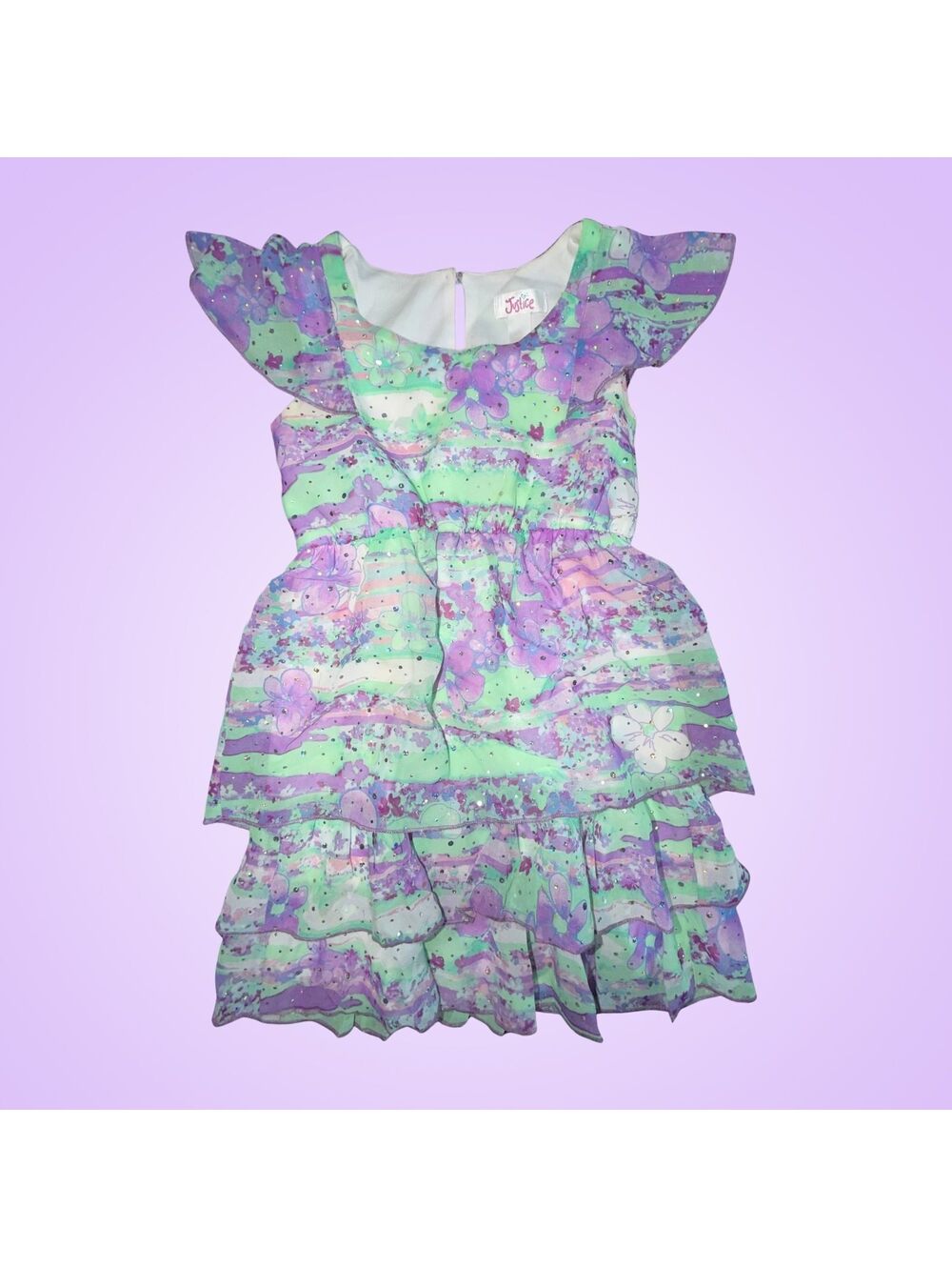 Justice Girls Size 6 Pastel Floral Purple Green Tiered Ruffle Dress Sequin
